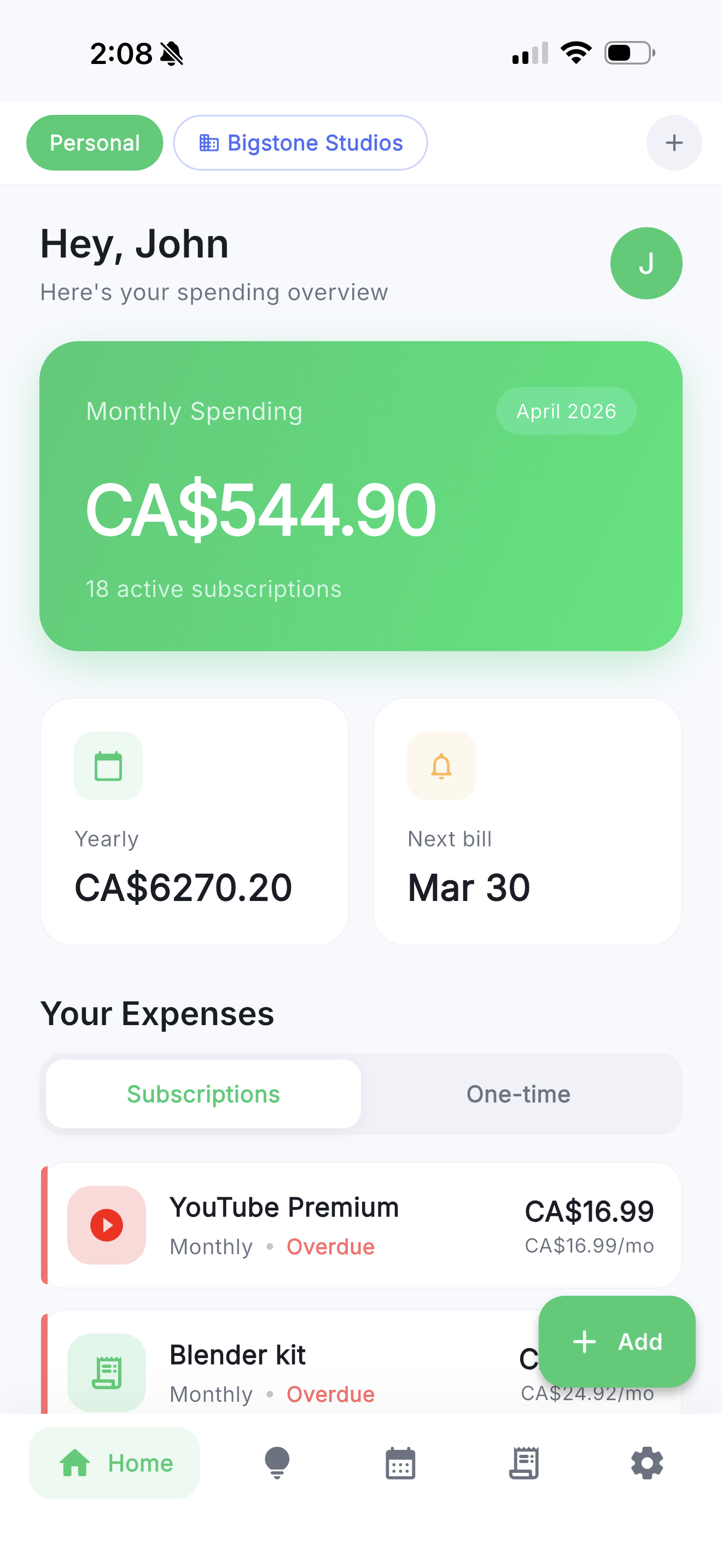 SubExpense Home Screen